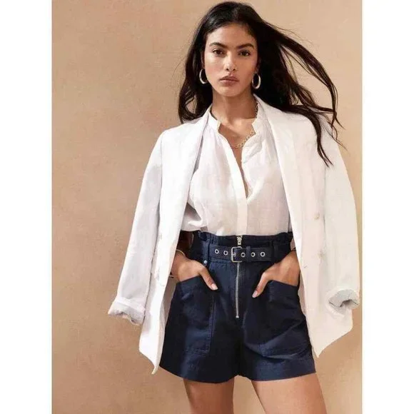 Banana Republic Cotten Linen Blen Khaki Green Paperbag Belted Shorts - Picture 5 of 5